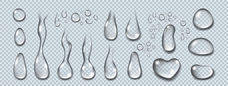 Drop water. Serum gel, oil droplet, collagen liquid jelly clear, cream hyaluron acid, transparent ball, surface moisture lotion. Clear isolated liquid closeup. Rain condensation. Vector background 3dのイラスト素材