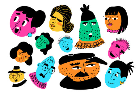 People face. Portrait unique funny men and women. Symbol quirky, modern flat cartoon expression, cool abstract bright logo, doodle young characters. Vector design garish sketch contemporary person setのイラスト素材