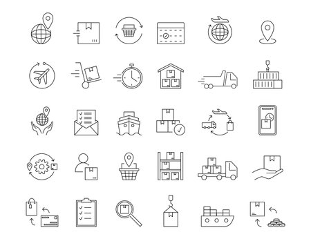 Delivery icon. Transport logistic. Parcel shipment. Cargo truck transportation. Warehouse line symbol. Freight distribution. Supply chain pictogram. Order box. Vector garish shipping service signs setのイラスト素材