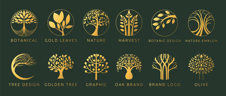 Tree logo. Icon nature, oak and olive. Circle symbol, design abstract line, branch leaves gold label, emblem vine, organic products logotype, grow botanic. Vector modern garish isolated illustrationのイラスト素材