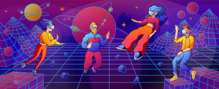 People in metaverse. Meta future technology. VR digital game. Virtual reality glasses. Cyberspace wireframe. People fly with headset. Smartphone communication interface. Vector futuristic innovationのイラスト素材