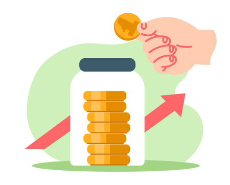 Money investment. Finance investing. Gold coins in glass jar. Profit growth arrow. Income chart. Wealth saving. Financial deposit. Hand putting cash into moneybox. Successful investor. Vector conceptのイラスト素材
