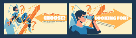 Career decision. Looking for success. Students choose job. Occupation choice. Business way. Find challenge. Employee makes path option. Journey pathway arrow. Man searches solution. Vector banners setのイラスト素材