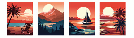 Poster sea. Design beach, ocean art storm, vintage sunset event flyer, summer travel, vacation abstract landscape, city Mediterranean. Wild nature scenery. Evening sky panorama. Vector backgroundのイラスト素材