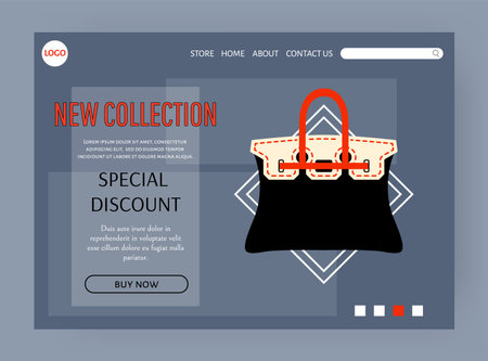 Bags store landing page. Fashion collection. Trendy accessories. Fashionable clothing boutique. Leather backpack. Purse and tote. Luxury handbag. Stylish merchandise. Website template vector designのイラスト素材
