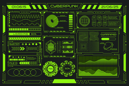 Retro cyberpunk. Abstract poster. Neon grid graphic design. 3D HUD chart icon. Modern techno rave background. Green line frame. World sphere. Data infographic. Digital typography. Vector garish setのイラスト素材