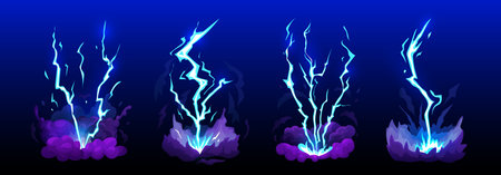 Lightning effect. Thunder light sparks hit, strike, attack electric energy flash. Game cartoon isolated effect. Ground shock, thunderstorm, thunderbolt animation, power storm. Vector tidy isolated setのイラスト素材