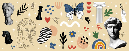 Art abstract poster. People face. Ancient sculpture exhibition. Magazine paint. Hand drawing spots. Chess figure. Contemporary cubism. Geometric circles. Simple leaves. Vector tidy doodle backgroundのイラスト素材