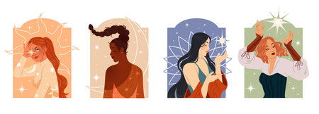 Woman portrait. Abstract witch beauty. Hair magic. Happy young female face. Night sleep. Astrology style. Spiritual sun or star. Modern mystic dreaming girls. Sky esoteric. Creative posters vector setのイラスト素材