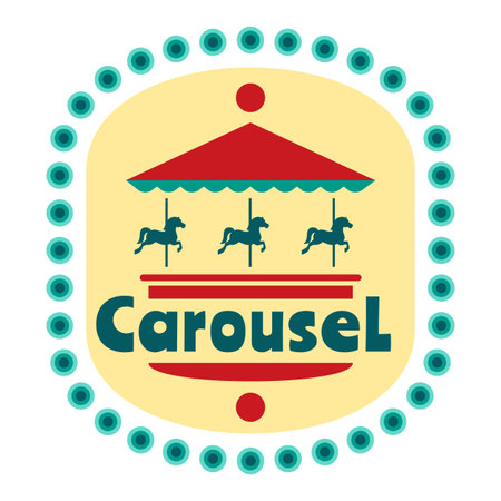 Circus sticker. Carnival logo. Carousel pony. Amusement park. Children attraction. Fairground icon. Vintage roundabout symbol. Fair entertainment. Horse fun riding. Vector merry-go-round emblem designのイラスト素材