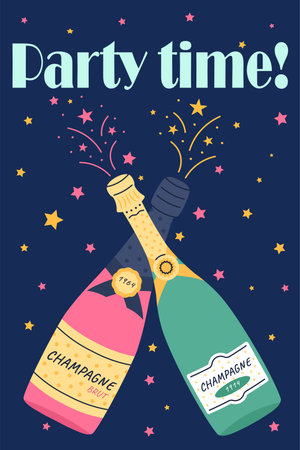 Doodle wine posters. Champagne bottles and festive fireworks on background. Party minimal invitation design. Restaurant and cafe menu cover. Wall art. Vector cartoon flat style isolated illustrationのイラスト素材