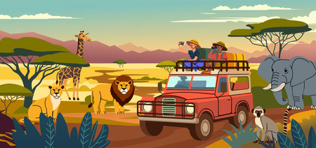 Safari travel. Cartoon African landscape. Savannah adventure. Automobile vacation. Wild animals. Explore expedition trip. Tourists in vehicle. Nature panorama. National park. Vector car tour bannerのイラスト素材