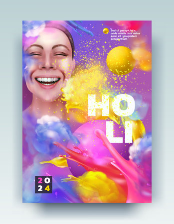Paint splash. Holi poster. Hindu traditional holiday. Colorful dust explosion splatter. Gulal powder balls blast. Happy woman face. Indian celebration. Festival play party. Vector invitation bannerのイラスト素材