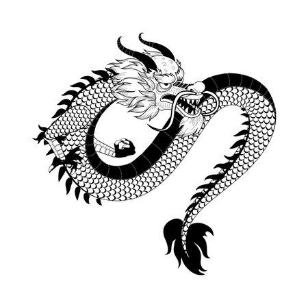 Dragon silhouette. Chinese traditional new year 2024 symbol. Isolated on white background black element for decor. Oriental logo, emblem or print design. Ethnic tattoo. Vector animal illustrationのイラスト素材