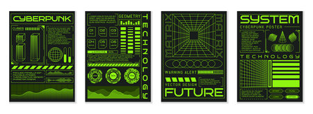 Grid poster. Abstract neon green elements, space technology. Futuristic design planet, retro HUD cyberpunk style. Techno cyber, retrofuturistic synthwave background punk. Vector garish flyer templateのイラスト素材