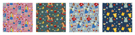 Toy baby, fashion texture. Background child pattern. Kindergarten cute decor. Children clothes. Horse wooden, bear, train. Doodle child preschool game. Wrapping paper and wallpaper. Vector tidy kidsのイラスト素材