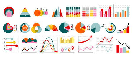 Graph chart. Growth graphic, arrow statistic, stock economy, financial diagram, data bar, business infographic isolated presentation decor elements, money profit, finance progress. Vector icon setのイラスト素材