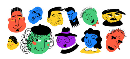 People face, abstract doodle style portrait. Unique funny characters, symbol quirky modern flat boy. Cartoon cool men and women, logo isolated design. Vector sketch young garish contemporary setのイラスト素材