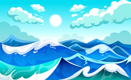 Sea waves. Ocean landscape. Water ripple surface. Sun and clouds in day sky. Marine pattern. Cartoon seascape. Blue texture. Aqua splash. Summer nature. Depth color. Vector tidy seaside backgroundのイラスト素材