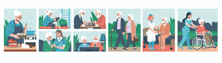 Care nurse. Help to senior patient. Hospital carer. Nursing home. Old men play chess. Grandmother in wheelchair. Happy older woman walking in clinic park. Elder life. Elderly couple leisure vector setのイラスト素材