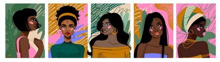 African woman. Young female face. American doodle design. Black girls beauty. Curly hair. Beautiful lady. Lips makeup. Funky trendy ethnic print. Attractive feminine person style. Vector portraits setのイラスト素材