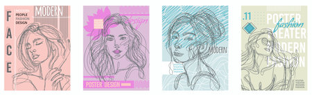 Poster face. Music theater pattern art typography, theatre girl. Abstract concert invitation, cinema background, graffiti party modern people fashion. Outline female head, beautiful lady vector designのイラスト素材