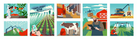 Agriculture farm. Rural land. Harvester at wheat field. Vegetables growing in greenhouse. Farmer work. Cow milking. Agro-drone. Countryside landscape. Agricultural innovation. Vector illustrations setのイラスト素材