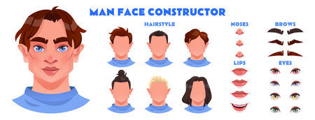 Face man character. Constructor avatar, construction animation. Hairstyle male, design eye, eyebrow, different hair and smile. Attractive young boy cartoon illustration. Vector tidy person creationのイラスト素材
