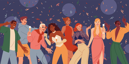 People dance. Celebrating party. Disco club. Friends fun. Music night. Alcohol drinks and confetti....