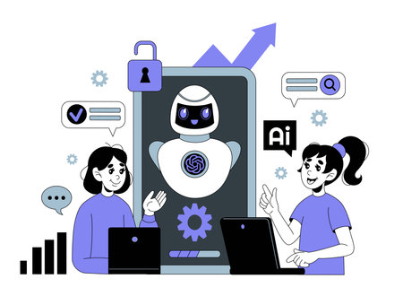 Chat bot. AI robot assistant. Virtual call software. GPT technology. Artificial intelligence digital chatbot. Woman working with android mobile service. Automated infographic UX. Vector tidy conceptのイラスト素材