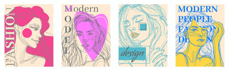 Poster face girl. Music, theater or party pattern art typography, engraving abstract concert, cinema background, graffiti party modern people fashion. Vertical banner with hand drawn vector designのイラスト素材