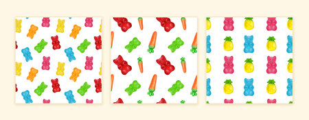 Bear gummy. Pattern candy collection, fruit jelly cute sweets, colorful bean, sugar snack, cola bottle. Kids food, soft gum. Print with icon 3d shapes. Vector background illustration birthday decorのイラスト素材