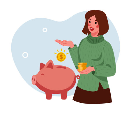 Money saving. Economy wealth. Woman putting cash in piggy bank. Financial deposit. Finance investment. Gold coins in moneybox. Dollars income investing. Currency revenue. Earnings fund. Vector conceptのイラスト素材