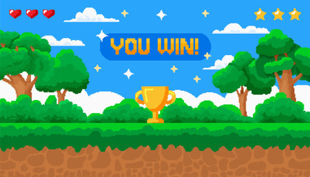 Game pixel. Bit video background. Retro arcade playing. Gaming landscape. Winning level up interface screen. UI frame. Computer winner award. Gamer old effect. Vector illustration vintage garish artのイラスト素材