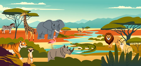 Animals zoo. African savanna landscape. Wild nature park. Jungle bird. Cartoon elephant and tiger. Savannah biodiversity. Tropical flamingo. River crocodile. Zebra and giraffe. Vector safari sceneryのイラスト素材