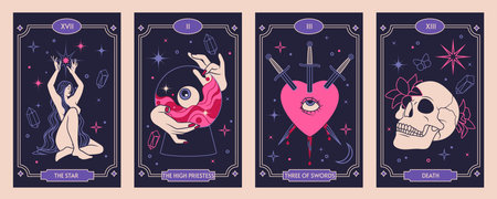 Tarot card frame. Eye magic, heart, scull and naked woman body. Design esoteric, illustration moon, background mystic, pattern design. Poster astrology, boho gold occult. Vector spiritual symbolのイラスト素材