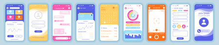 Smartphone screen. Phone application interface. Camera photo icon. App setting. Cellphone call and message. Account login. Planner calendar. Mobile finance dashboard. Vector garish UI templates setのイラスト素材