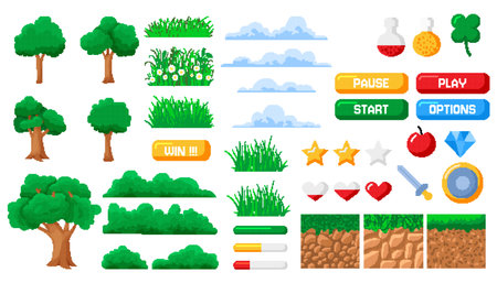 Pixel game tree. Arcade level landscape. Retro bit video. Interface screen. Grass and plant bush. UI frame. GUI button icon. Computer play effect. Gamers elements set. Vector forest graphic garish artのイラスト素材