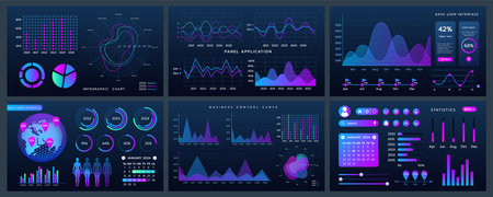 Analytics screen. Dashboard data graph. Panel application UI graphic. Statistic infographic. Financial web chart. Calendar control. Digital screen. Demographic diagram. Vector business backgrounds setのイラスト素材