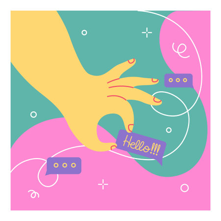 Doodle hand. Hello message. Cute arm holding dialog speech bubble. Online messenger. Cartoon mobile chat technology. Hi icon in giant fingers. Social media communication. Abstract color vector cardのイラスト素材