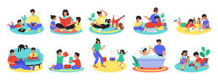 Family playing. Home games. Happy parents with kids. House leisure. Mother reading book to girls. Boy with puzzle toys. Father together with children. People lifestyle. Vector tidy fun activities setのイラスト素材