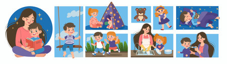 Family fun. Happy parent with kid. Safety care for child. Boy swinging or playing in wigwam. Adventure childhood. Virus protection. Girl helping mother. Rest and sleep. Vector persons activities setのイラスト素材
