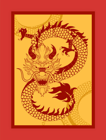 Golden dragon. Traditional Chinese card. Gold background, oriental asian decor. Print poster or postcard design. China mystic red animal character. Holiday festive decoration. Vector illustrationのイラスト素材