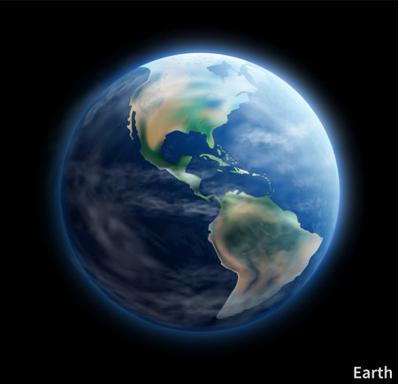 Earth planet. Outer space. Cosmic sphere. Ocean and continents. Satellite view. Atmosphere clouds. Environment conservation. Astronomy education. Save nature. Global cartography. Vector galaxy posterのイラスト素材