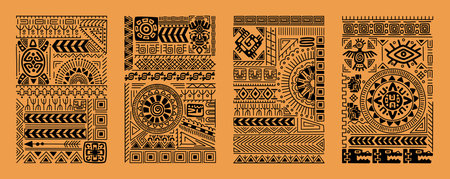 Mexican pattern. Tribal silhouette print. Aztec background. Polynesian or African ornaments. Mayan geometric shapes. Mexico texture. Peru or Inca flat graphic. Vector tidy ethnic border elements setのイラスト素材