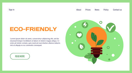 Green energy landing page. Eco friendly banner. Light bulb. Rational use of electrical resources, environment protection poster with copy space for text. Vector cartoon flat isolated illustrationのイラスト素材
