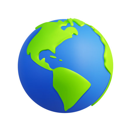 Green Earth. Blue oceans and continents. Round world map, cosmos environment. Planet space. Worldwide sphere. Travel and foreign communication Vector cartoon isolated on white background illustrationのイラスト素材