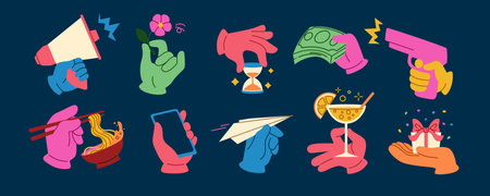 Hands holding objects. Doodle icons. OK gestures. Trendy color arm with megaphone and paper plane. Chopsticks at fingers. Gift and flower on palm. Money banknotes giving. Vector cartoon elements setのイラスト素材