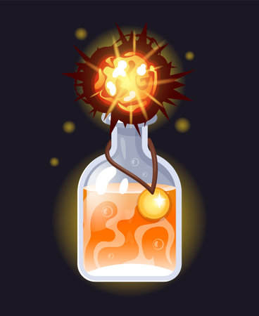 Magic potion. Elixir bottle. Fire explosion. Glass vial. Danger explosive substance. Flammable chemical liquid. Witch alchemy. Magical laboratory. Flame burst. Shiny flask. Vector witchcraft objectのイラスト素材