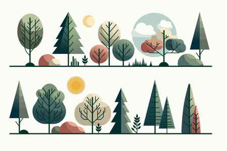 Forest illustration. Spring landscape. Abstract garden foliage. Nature plant leaves. Wild trees. Sun and clouds. Hand paint woods. Farm horizon. Flora watercolor design. Vector woodland borders setのイラスト素材